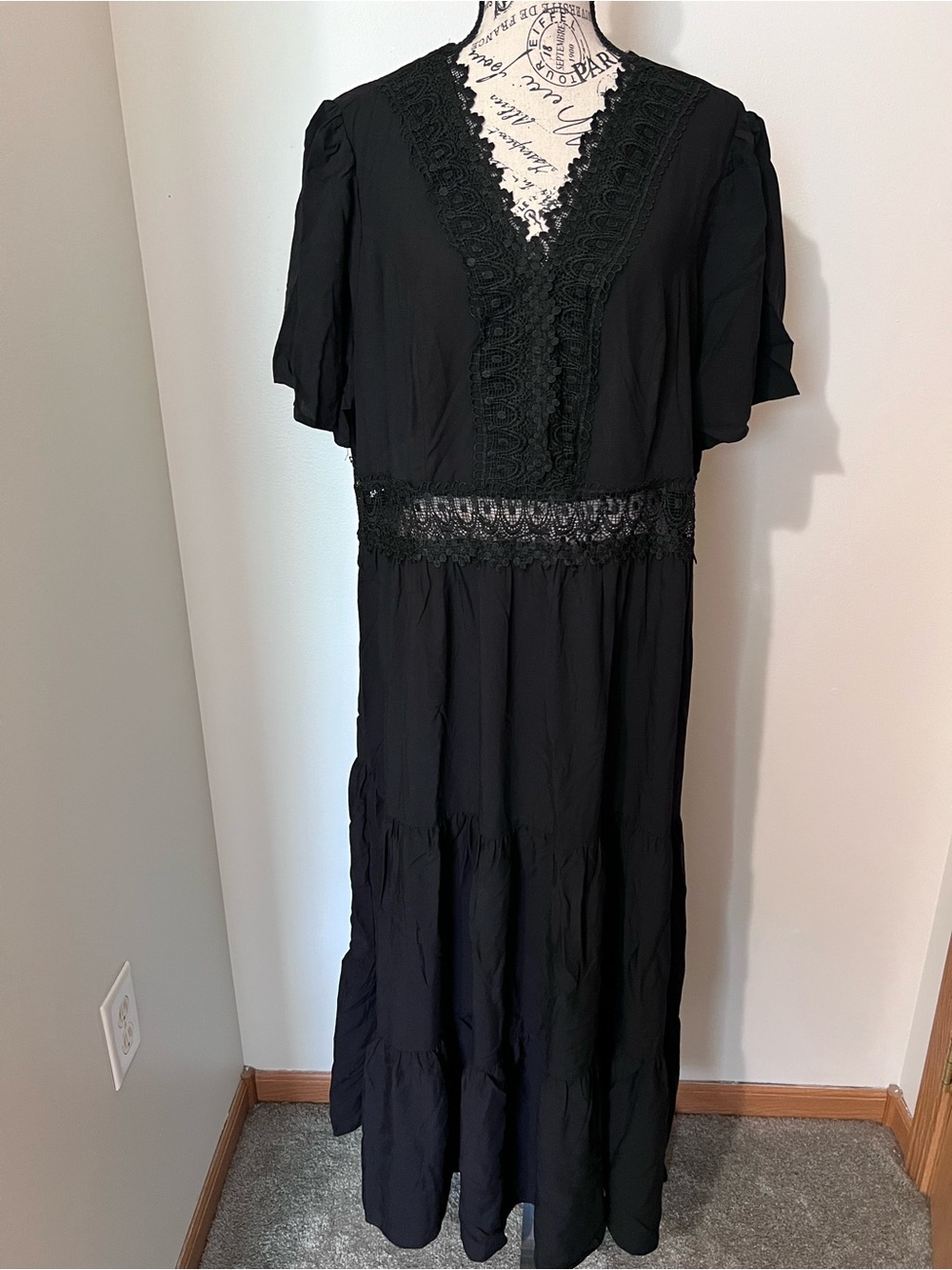 SHEIN Curve Black Lace Trim Tiered Maxi Dress 2XL